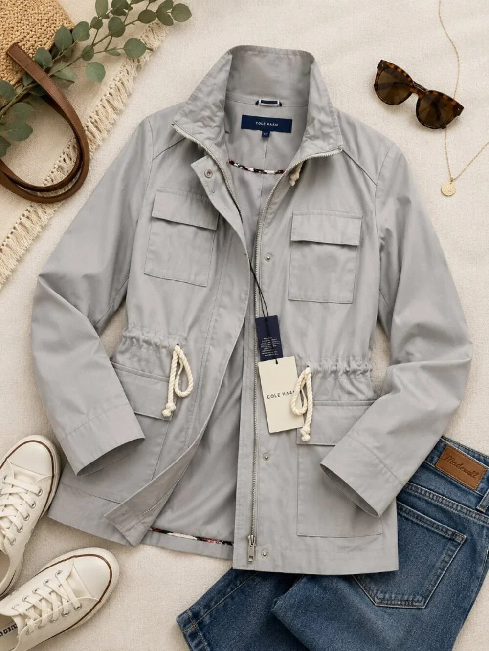 NWT Cole Haan Utility Anorak Jacket Fog Gray Drawstring Waist Small Coastal Chic